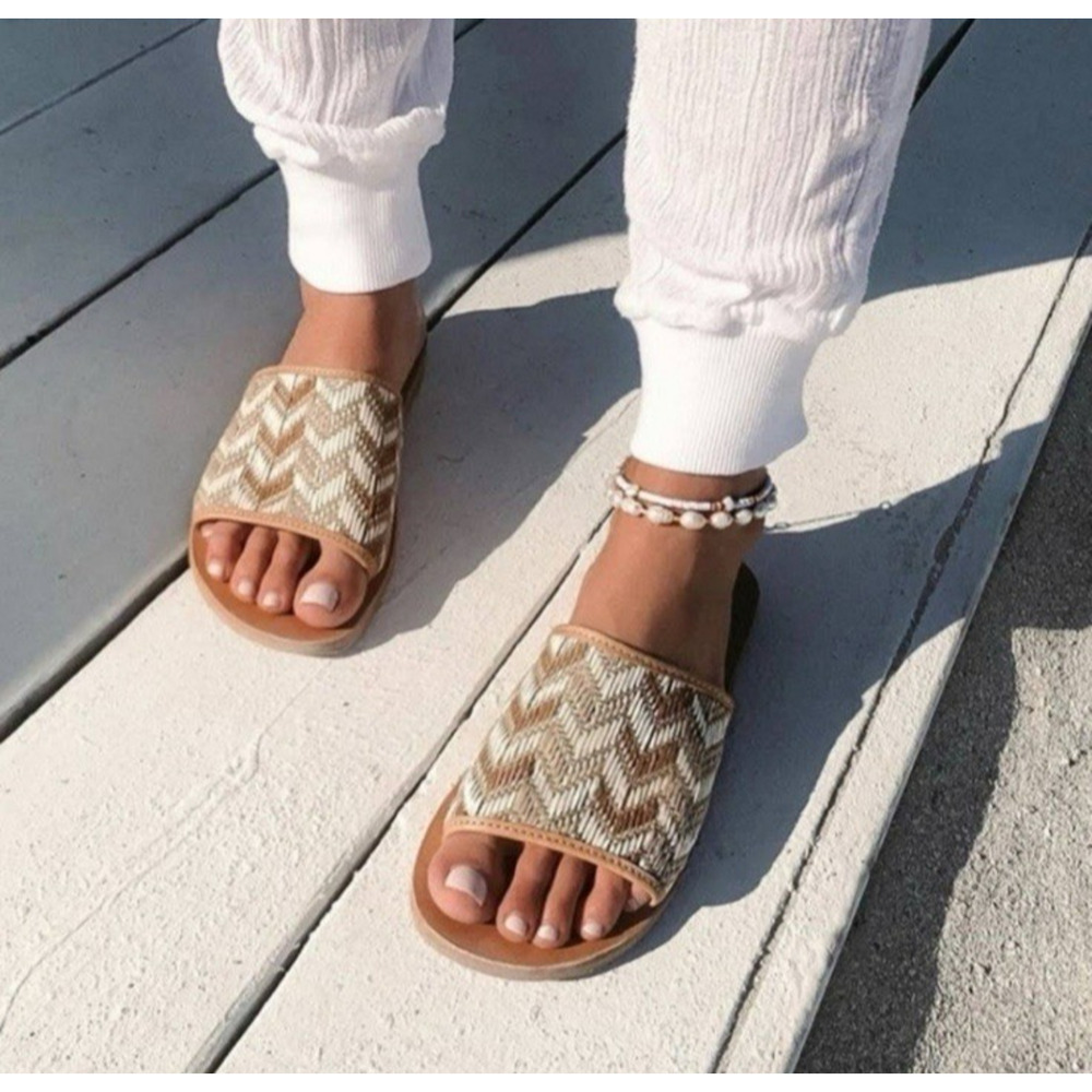 L*Space Woven Leather Slide Sandals Brown Size 39 US 9 Boho Beach Resort